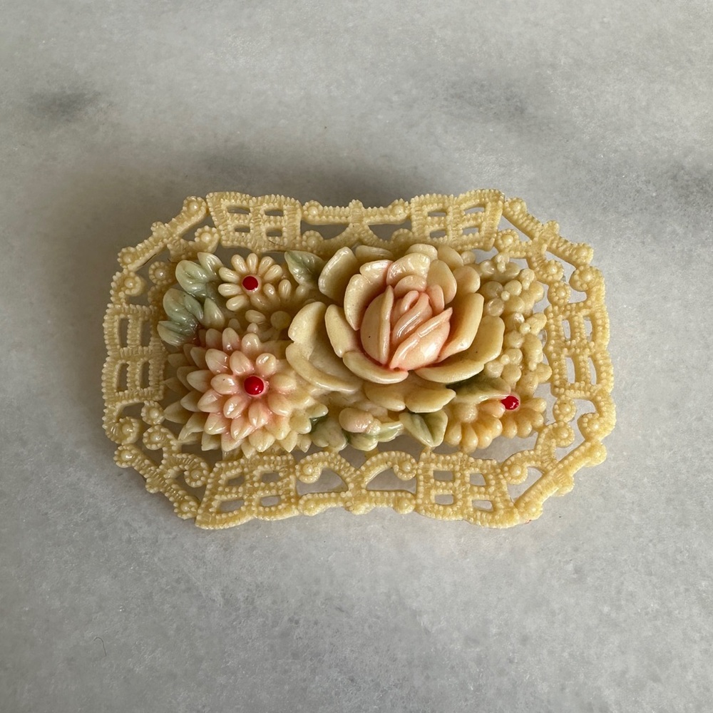 VINTAGE • 40s Hand Carved Celluloid Floral Brooch Elegant Pastel Occupied Japan